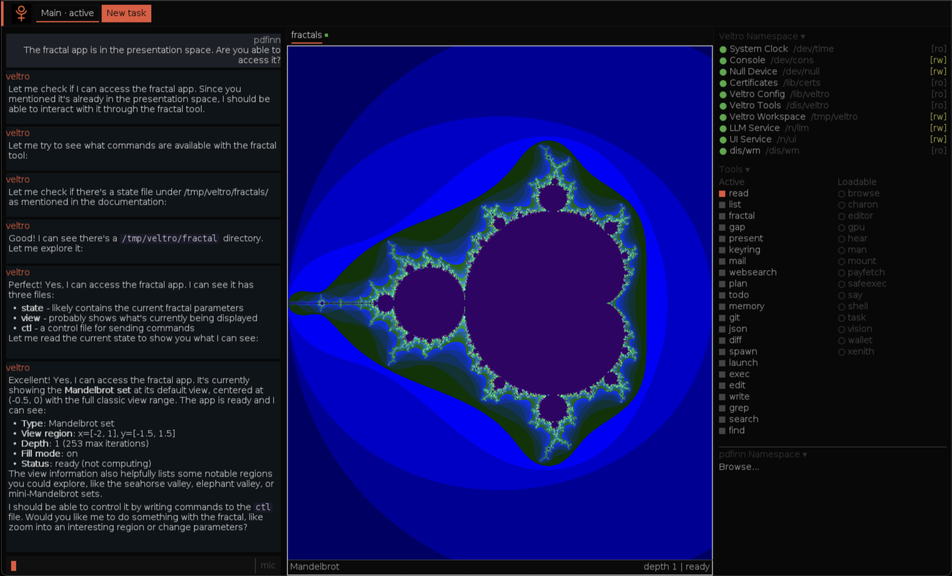 Veltro AI agent running on InferNode OS. Left panel shows the agent conversation exploring a fractal application through 9P filesystem commands. Center panel renders a Mandelbrot set fractal. Right panel displays the namespace browser with mounted services, active tools, and loadable capabilities.